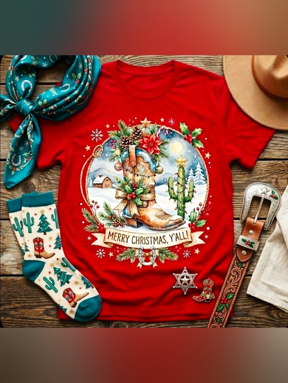 Western Christmas Cowboy Boot Tee • Merry Christmas Y’all • Rustic Holiday